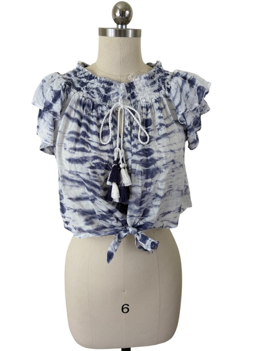 Surf Gypsy Crop Smock Top Medium Blue Tie Dyed Tassle Boho-Chic Hippie Artsy 70s